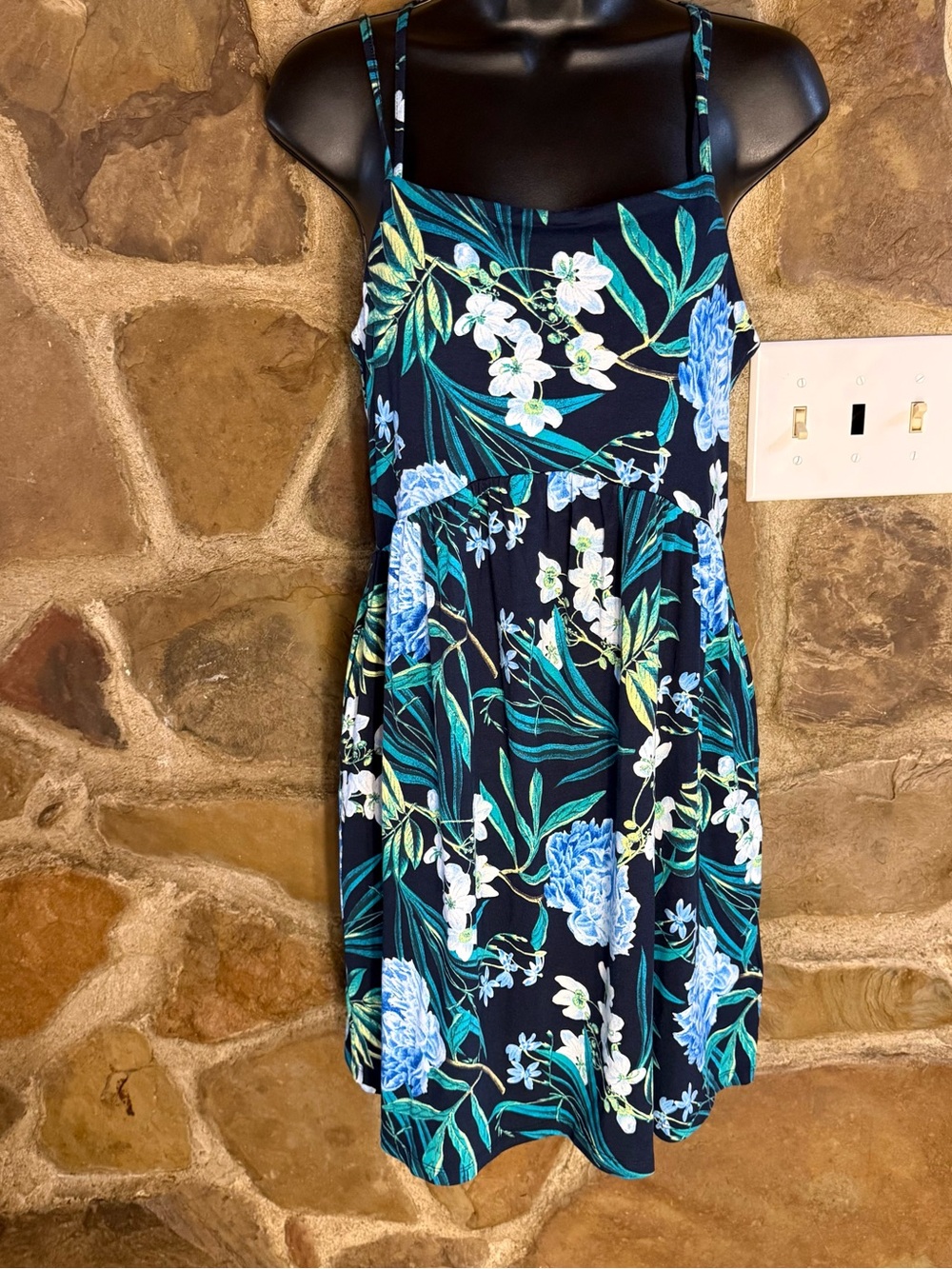 Old Navy Black Floral Midi Dress with Blue and Green Print